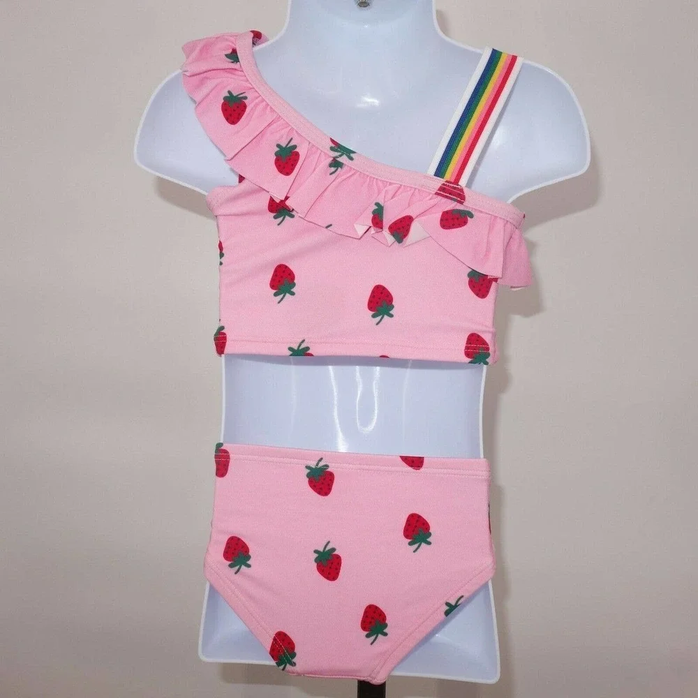 NEW Hanna Andersson Pink Strawberry Ruffle Tankini Swimsuit Size 80 18-2…
